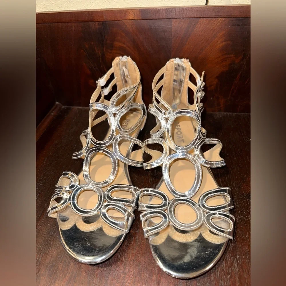 Report Silver Geometric Flat Sandals Size 9